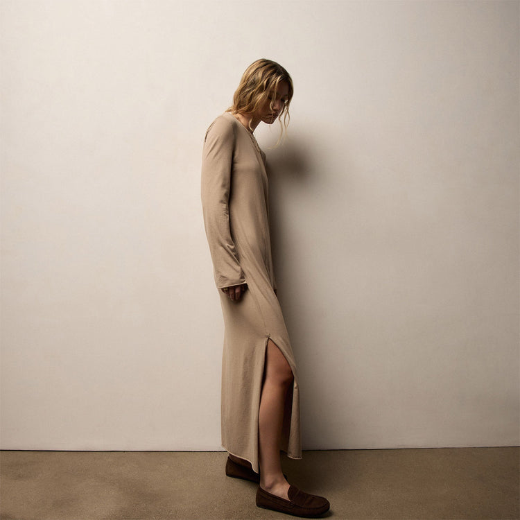 Cotton Blend Jersey Long Sleeve Dress in Coffee | James Perse Los Angeles