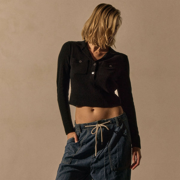 Open Knit Cashmere Polo in Black | James Perse Los Angeles