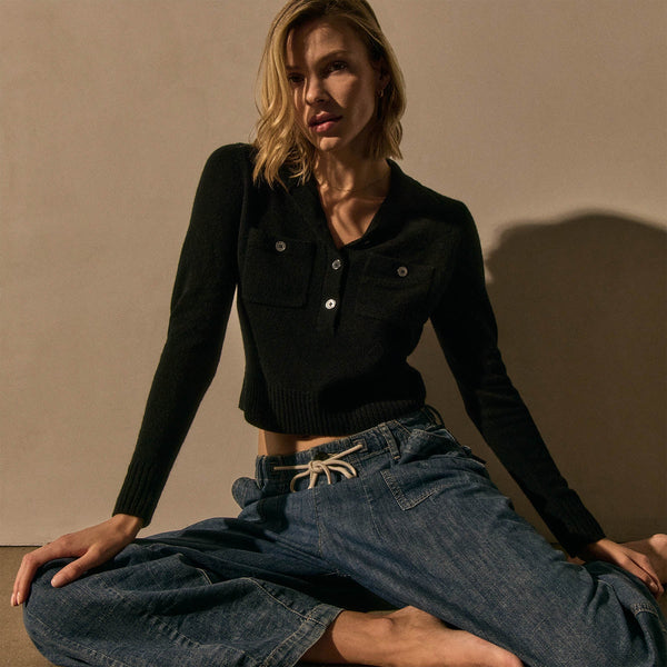 Open Knit Cashmere Polo in Black | James Perse Los Angeles