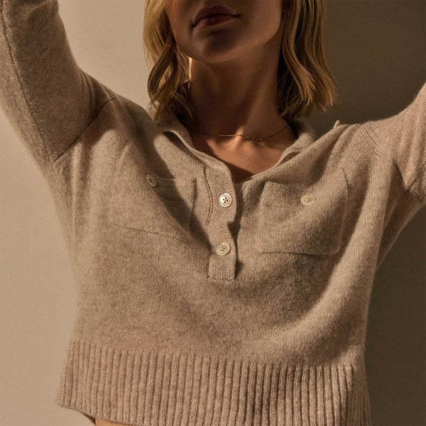Open Knit Cashmere Polo in Light Beige | James Perse Los Angeles