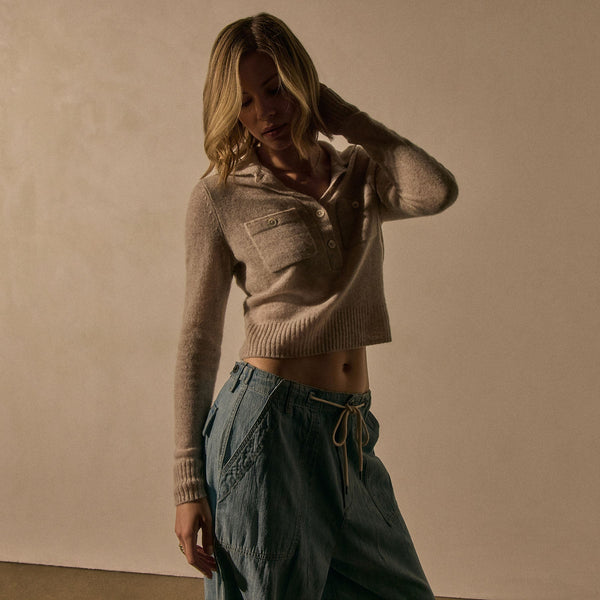 Open Knit Cashmere Polo in Light Beige | James Perse Los Angeles