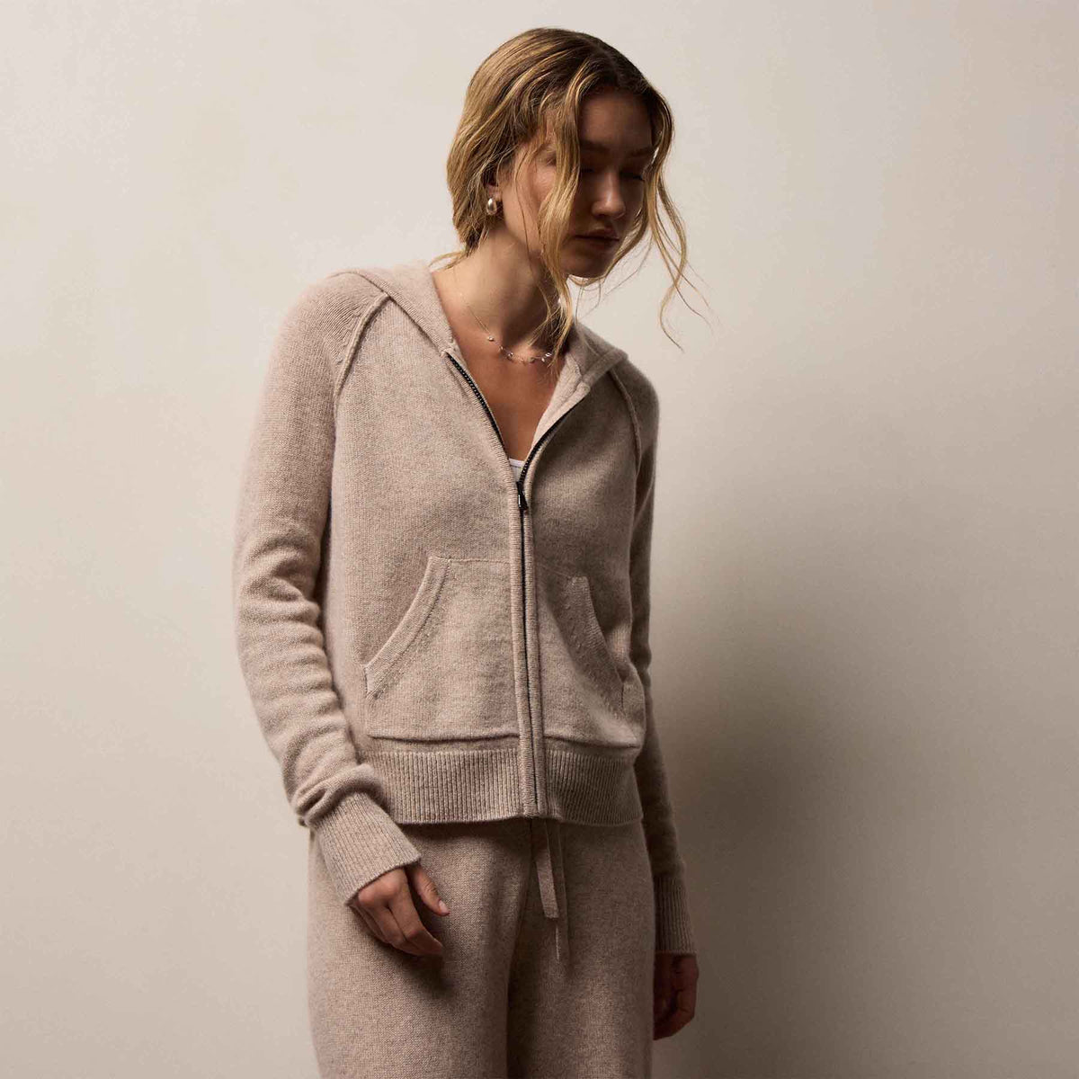 Women's Recycled Cashmere Track Jacket & Recycled Cashmere Wide Leg Pant Gift Set In Stone | James Perse Los Angeles
