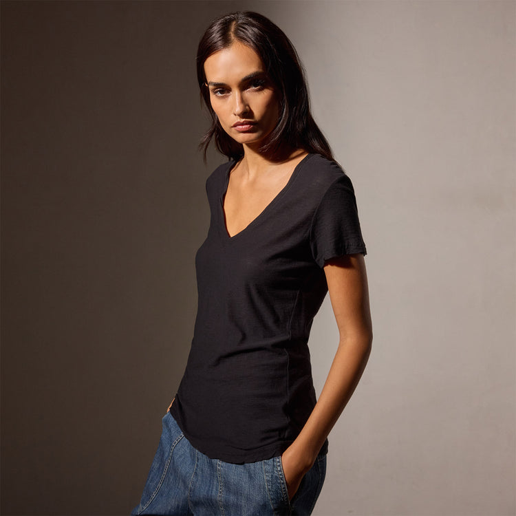Sheer Slub Casual V Neck in Black | James Perse Los Angeles