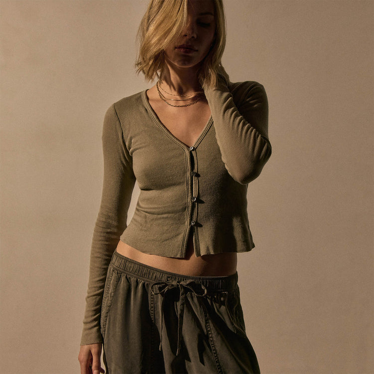 Cotton Cashmere Blend Ribbed Cardigan - Overcast