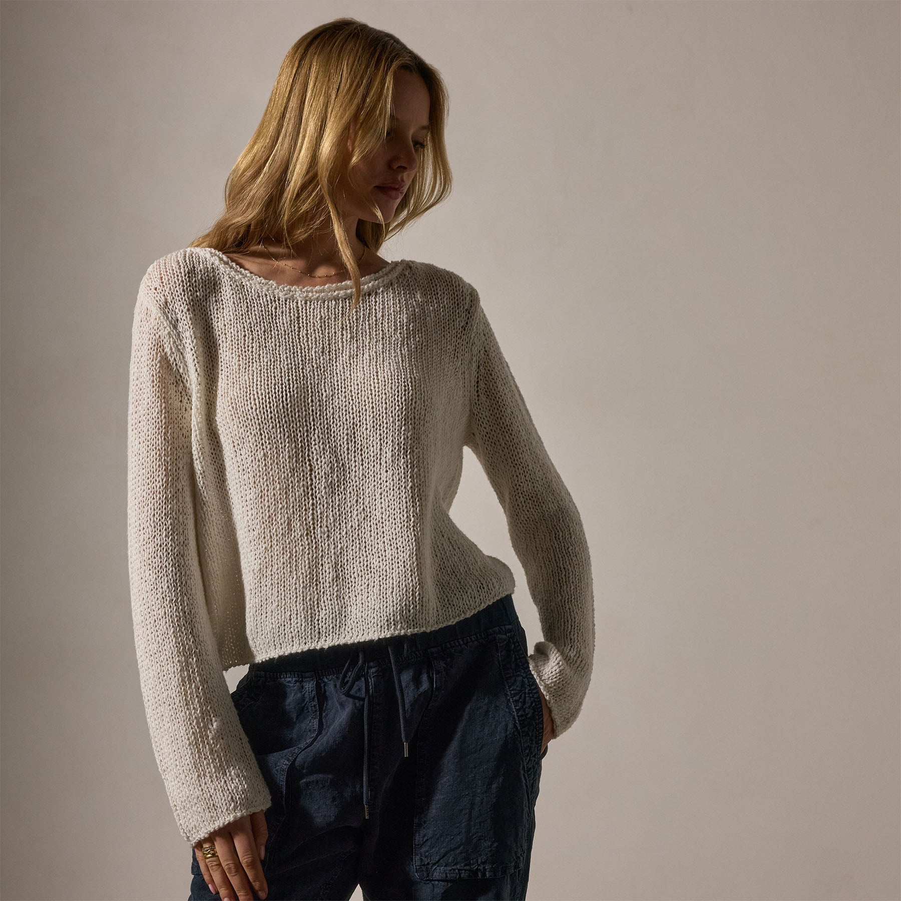 Cotton Linen Open Knt Pullover in White | James Perse Los Angeles