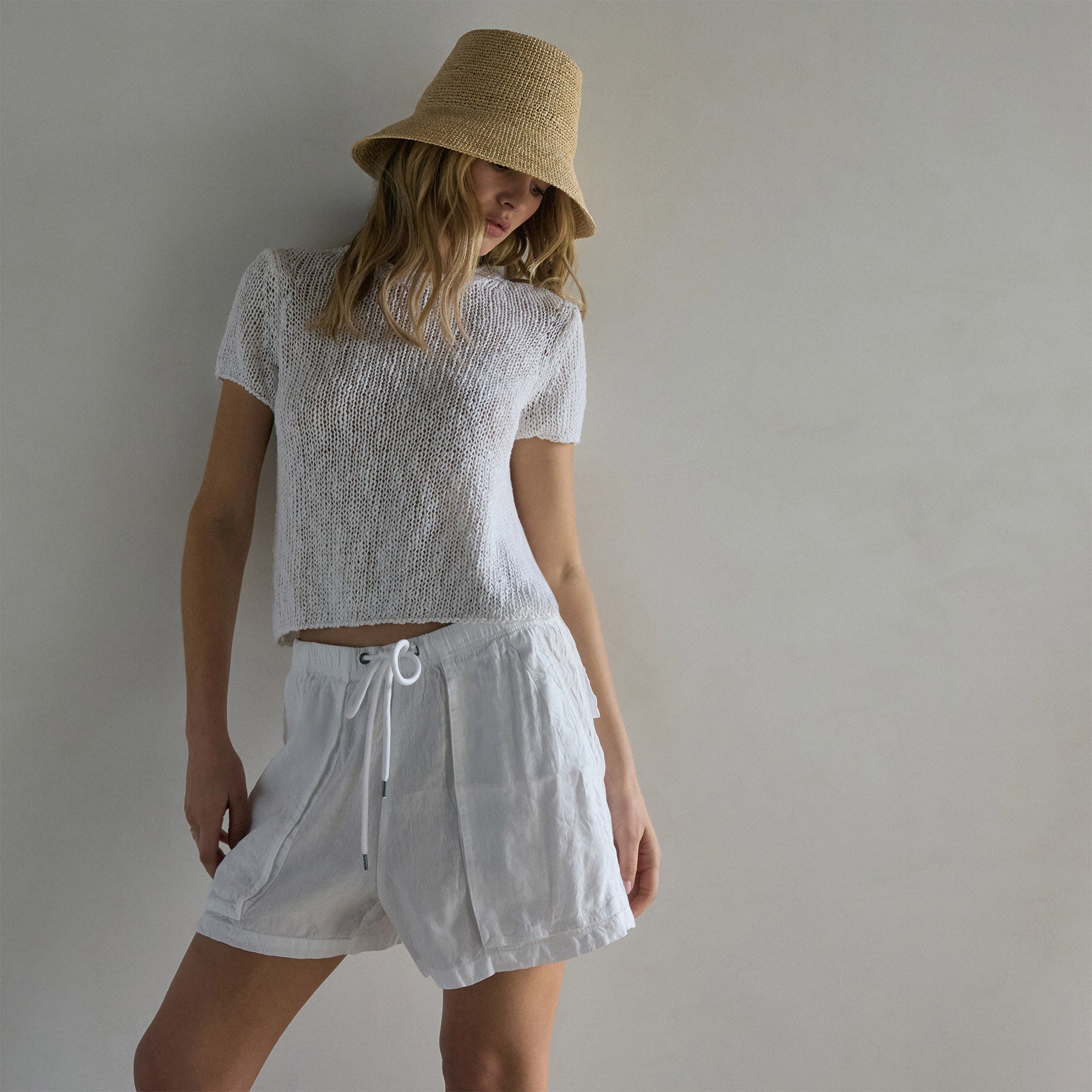 Linen Blend Utility Short - White