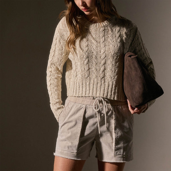 Cotton Linen Chunky Cable Knit Sweater - Natural