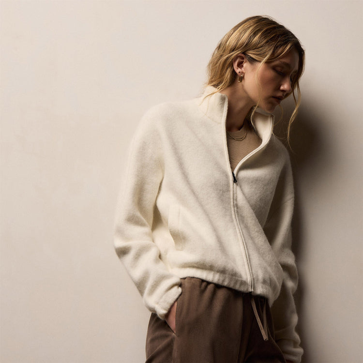 Wool Alpaca Stretch Zip Jacket in Ivory | James Perse Los Angeles