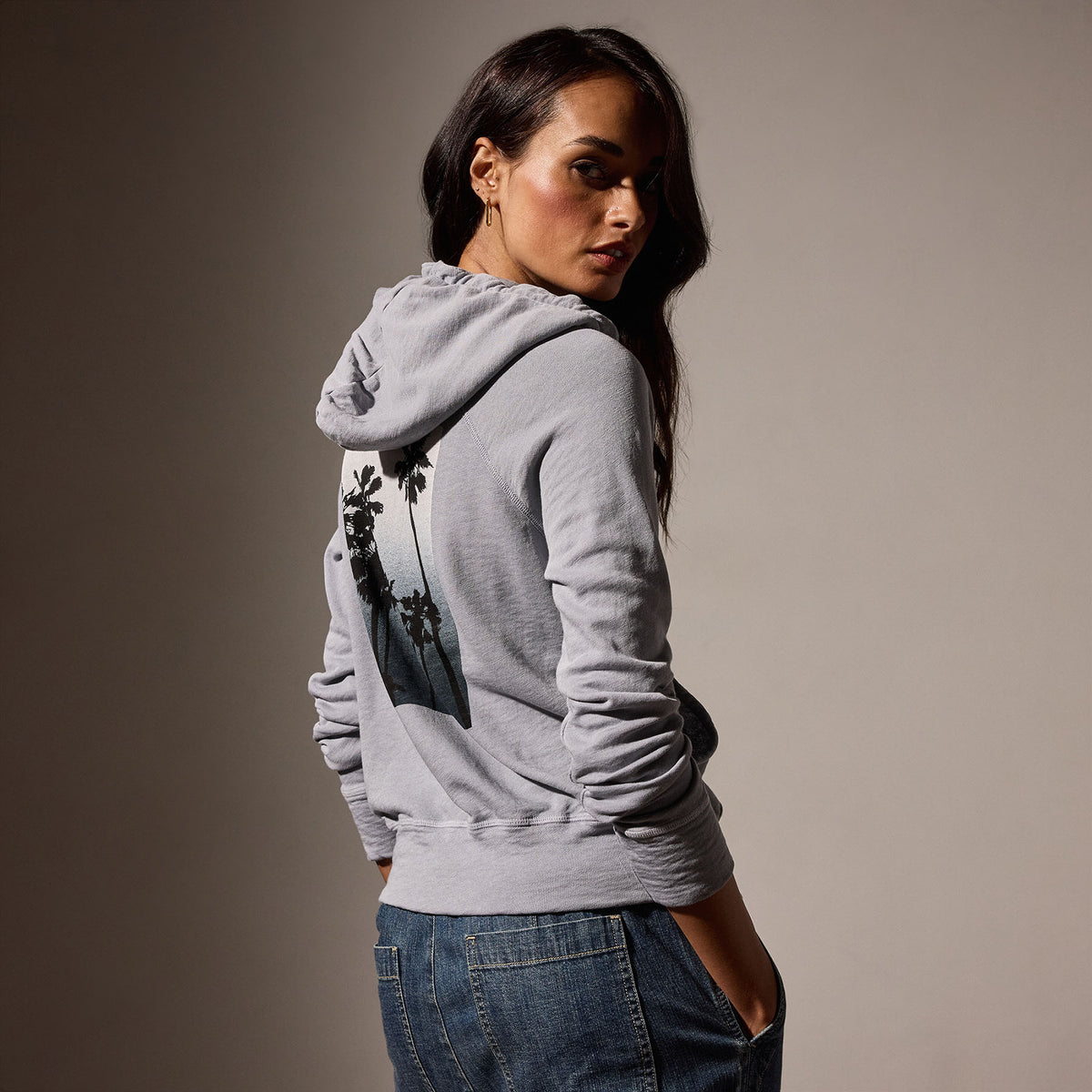 Palm Tree Graphic Zip Up Hoodie in Breeze Pigment/Grey | James Perse Los Angeles