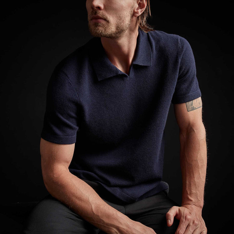 Recycled Cashmere Short Sleeve Polo in Navy Blue | James Perse Los Angeles