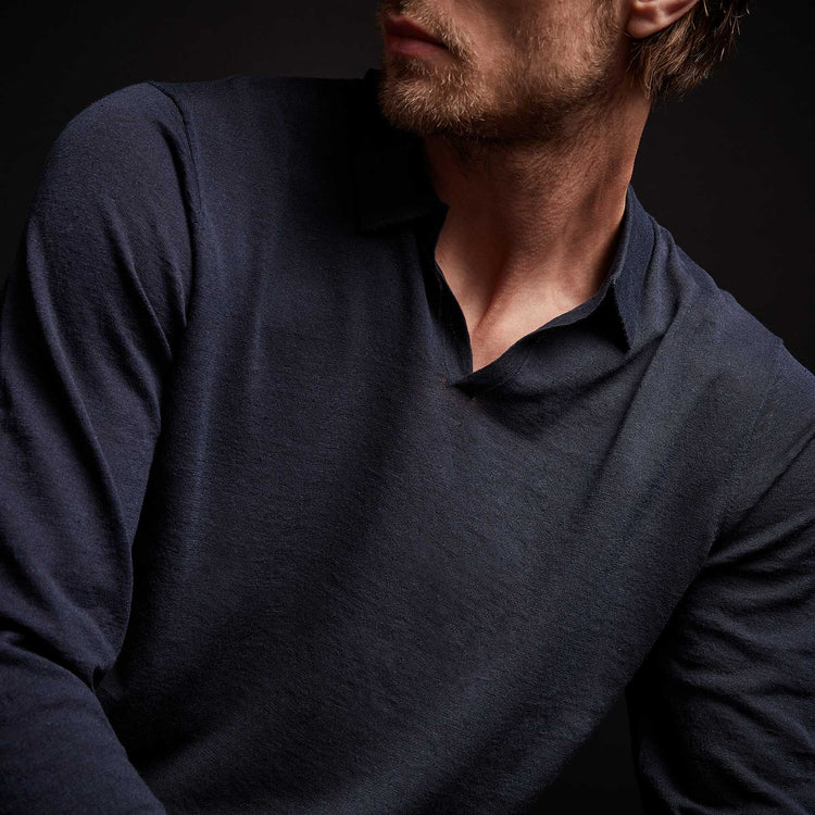 Linen Blend Long Sleeve Polo Sweater in Navy | James Perse Los Angeles