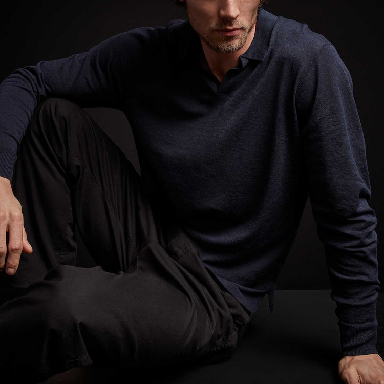 Linen Blend Long Sleeve Polo Sweater in Navy | James Perse Los Angeles