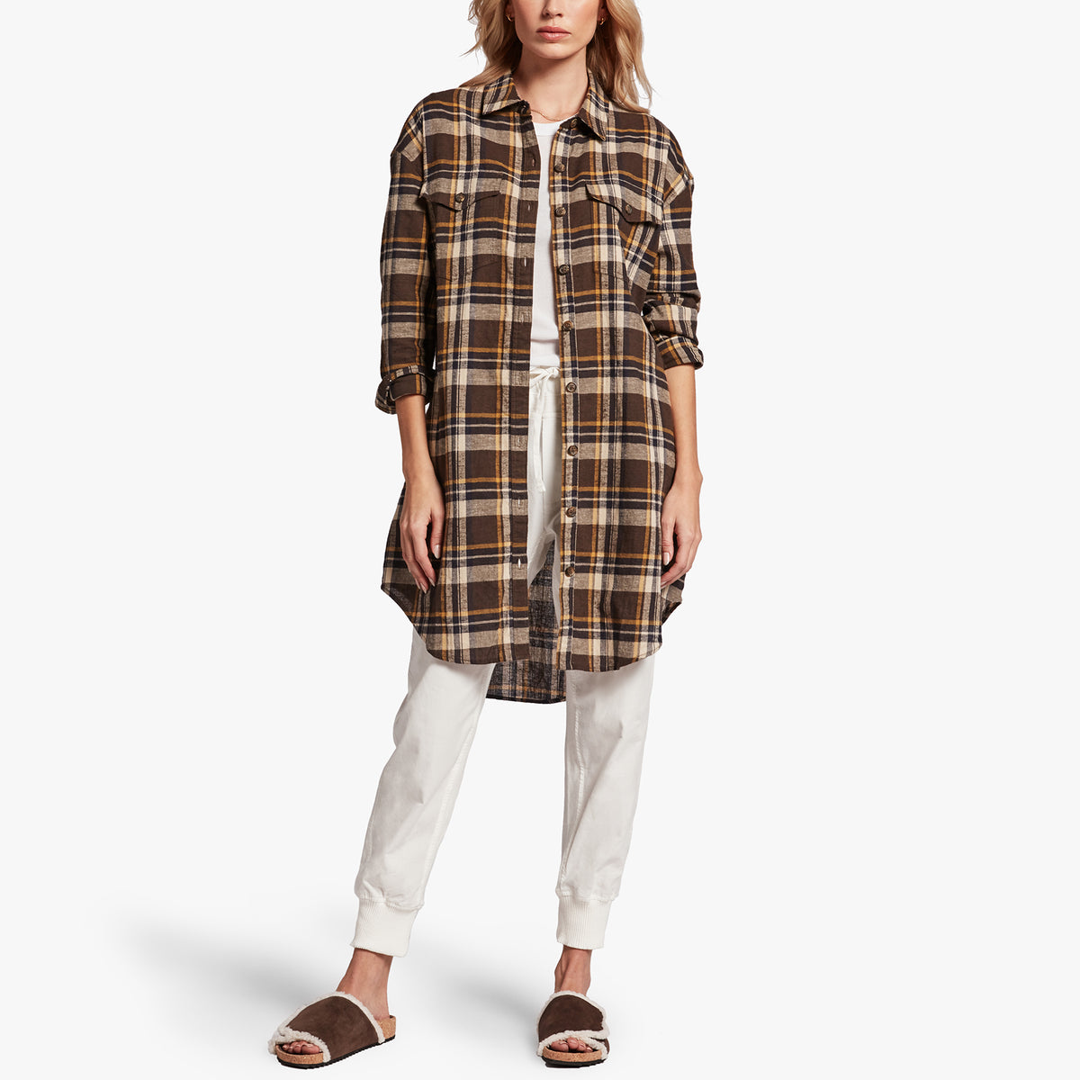 Military Plaid Boyfriend Shirt In Coffee Multi Plaid | James Perse Los Angeles