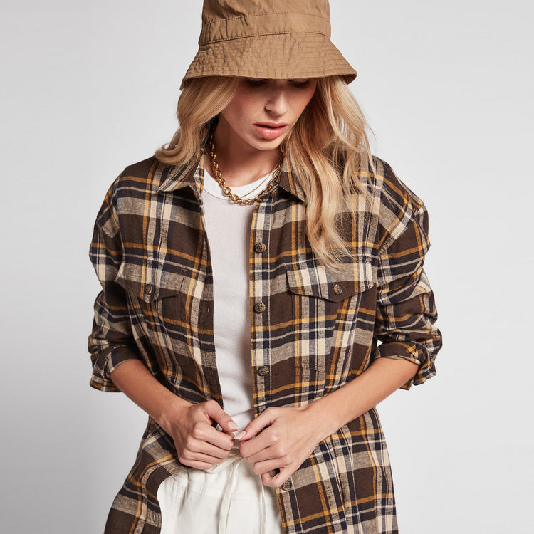 Military Plaid Boyfriend Shirt In Coffee Multi Plaid | James Perse Los Angeles