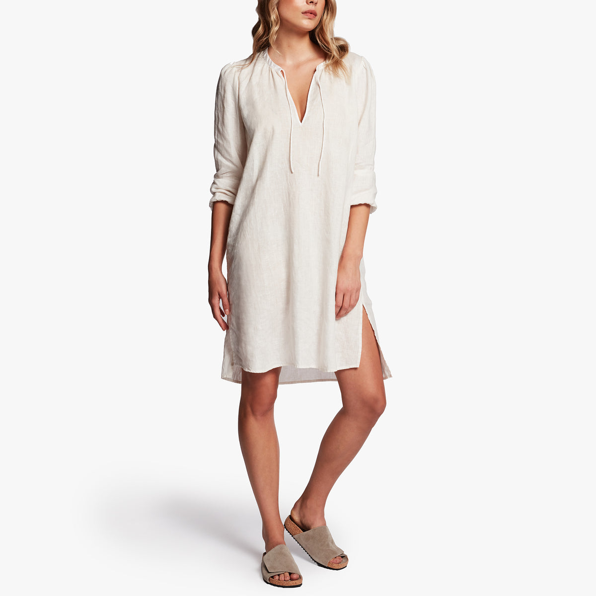 Linen Peasant Dress In Oyster | James Perse Los Angeles