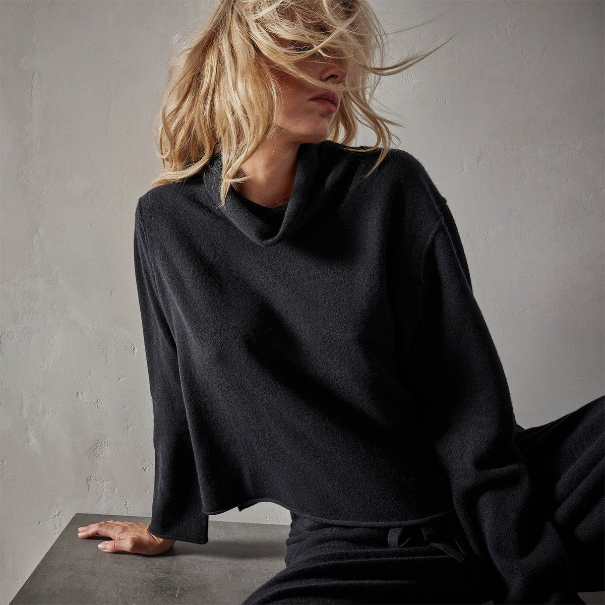 Recycled Cashmere Crop Funnel in Black | James Perse Los Angeles