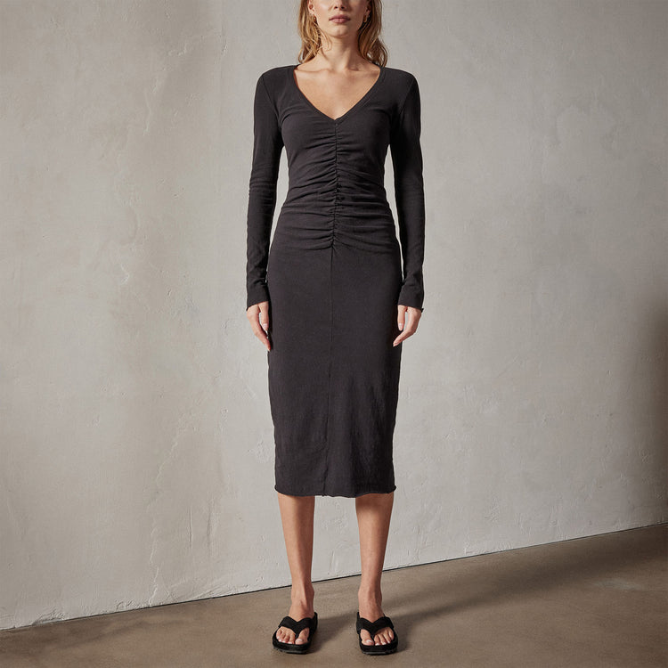 deep v front ruched dress black wrbj6724 | James Perse Los Angeles 