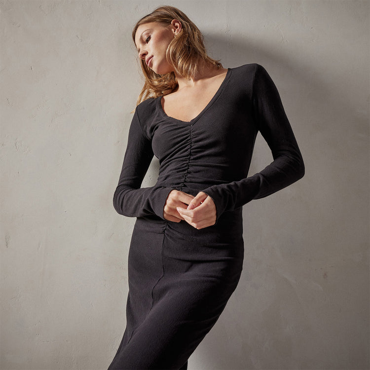 deep v front ruched dress black wrbj6724 | James Perse Los Angeles 