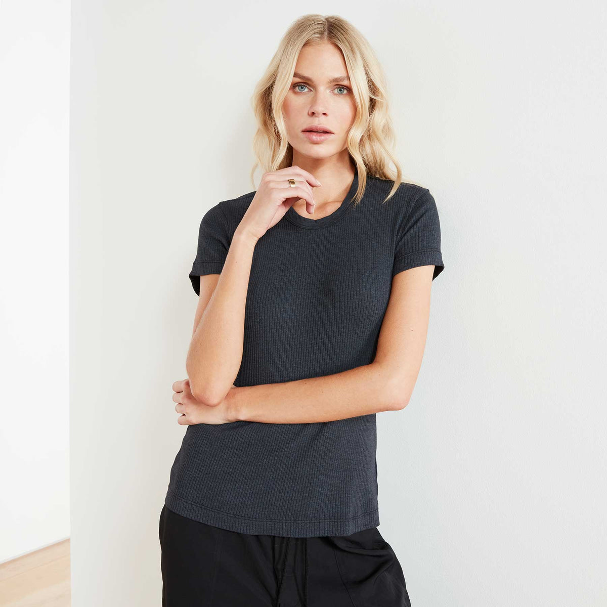 Technical Jersey Ribbed Slim Fit Tee In Blue Black | James Perse Los Angeles